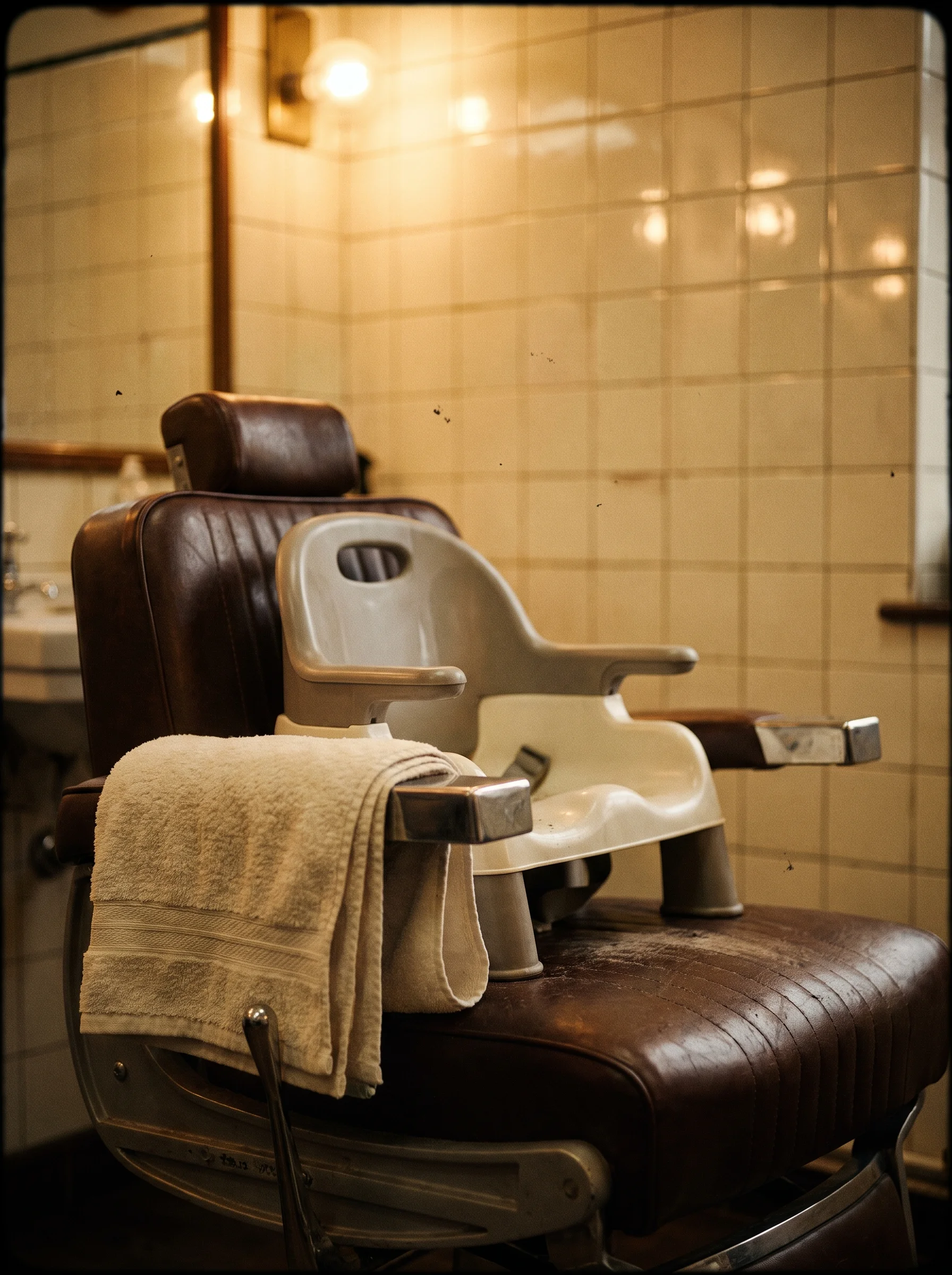 A child's booster seat sitting on a barber chair with a folded towel beside it, cream tiles lit warm behind