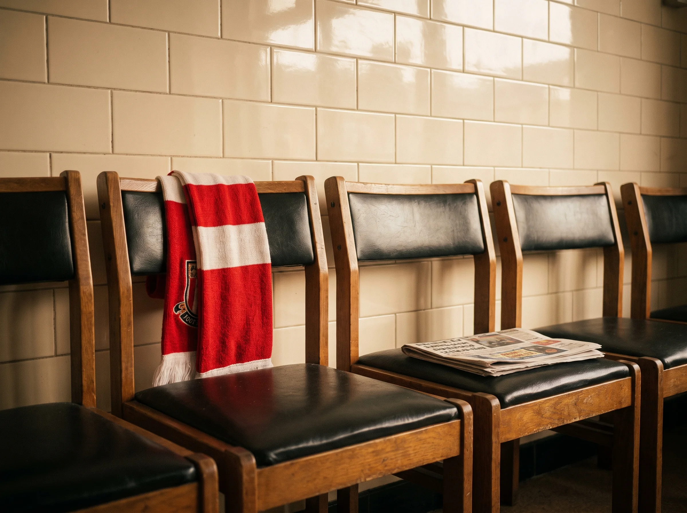 Empty waiting chairs against cream tiles inside the barbers, a football scarf hung over one chair back and a folded newspaper on the next, lit warm by tungsten light