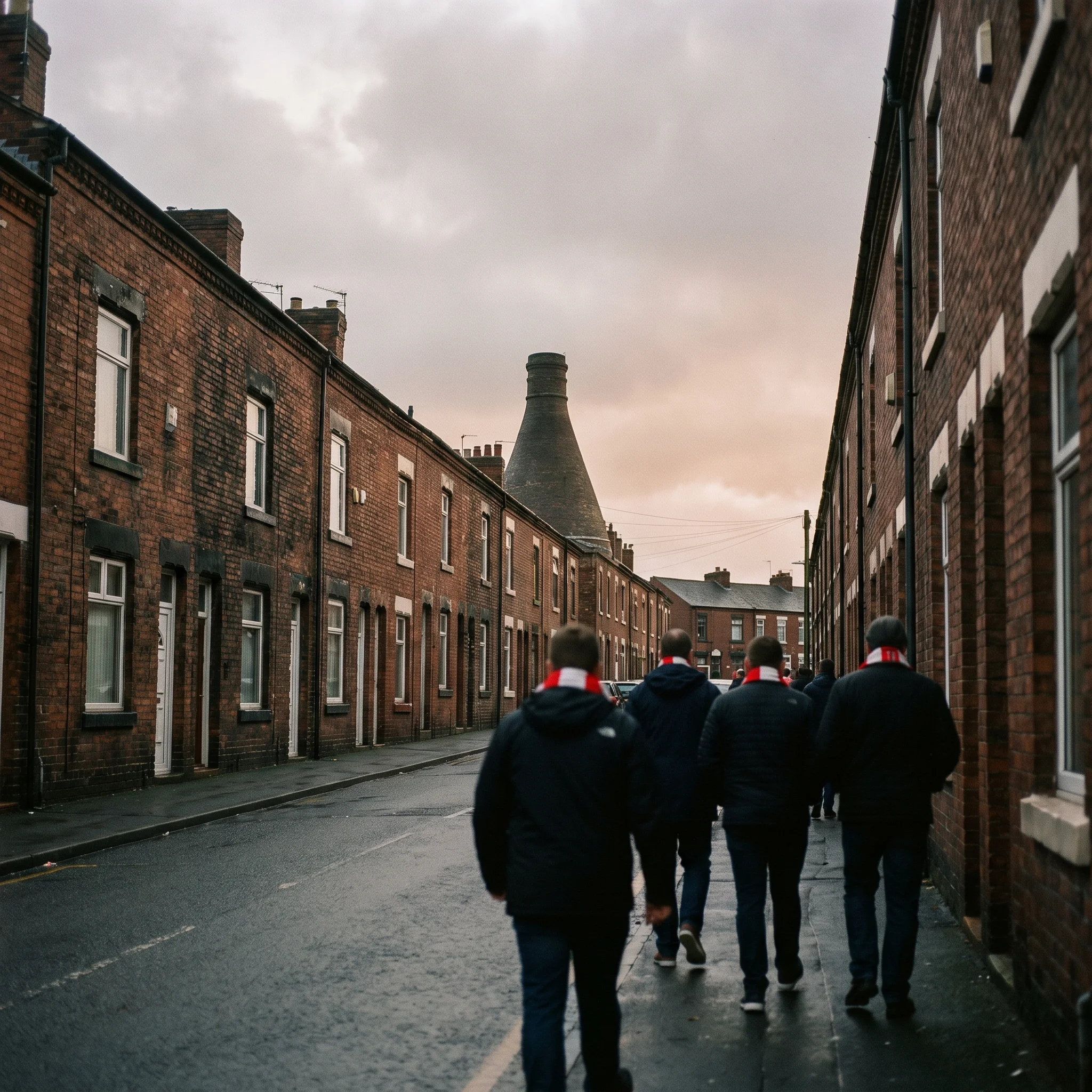 A terraced Longton street on a Saturday afternoon with a bottle kiln on the skyline and a few people in football scarves walking away up the road