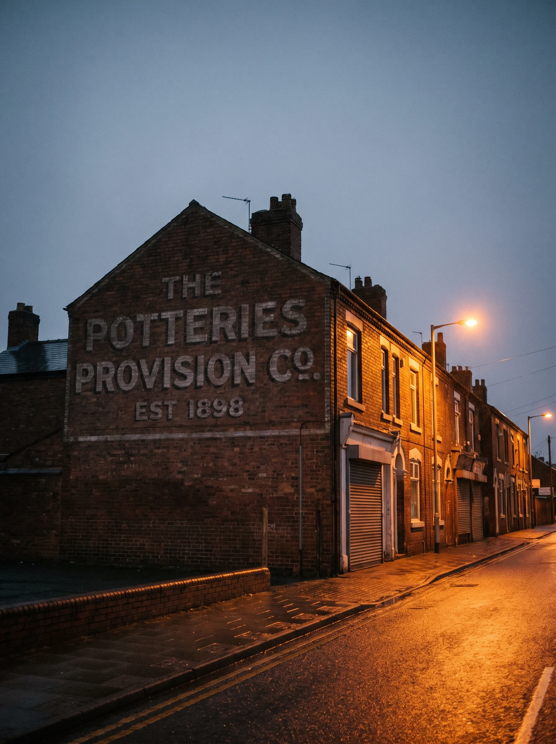 A Longton row of shopfronts at dusk with a faded hand-painted ghost sign in block capitals on the brick gable above and sodium light on the wet kerb