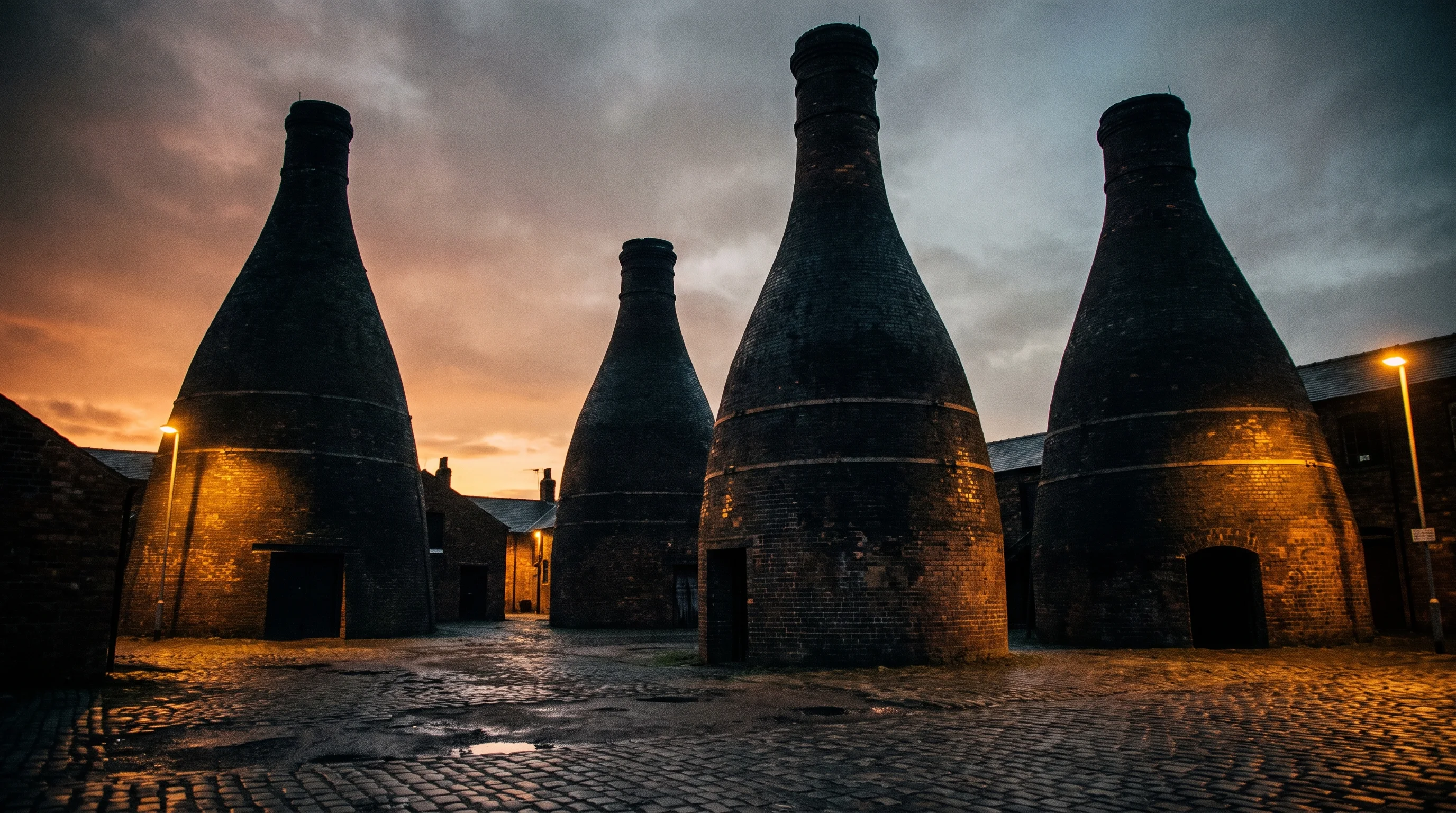 The four bottle kilns of the Gladstone Pottery Museum rising black from the cobbled yard against a bruised orange dusk sky