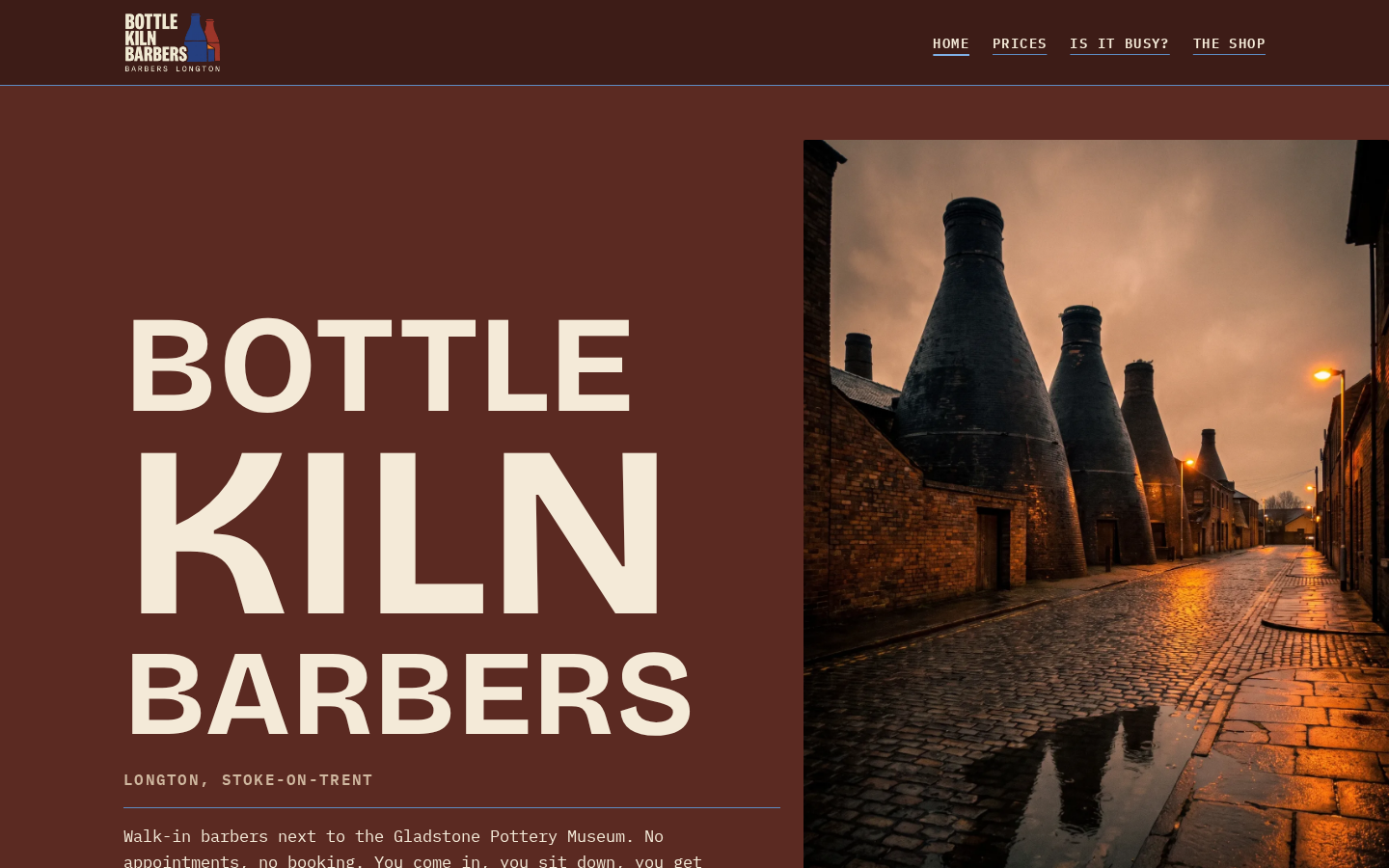 Bottle Kiln Barbers home page on a desktop screen