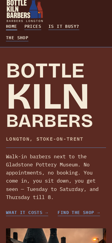 Bottle Kiln Barbers home page on a phone